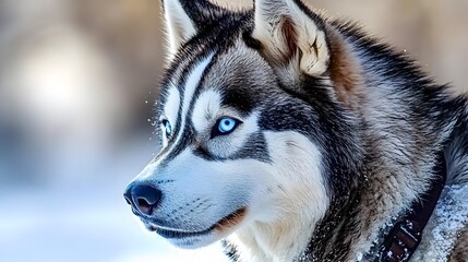 Obraz premium Close-Up Portrait of a Siberian Husky with Striking Blue Eyes and Snowflakes in a Winter Landscape