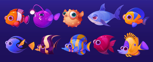 3d fish. Cute sea animal, underwater ocean clown and goldfish, kid for baby water game. Happy aquarium life, tropical character, Caribbean coral reef colorful fauna. Vector cartoon icons set