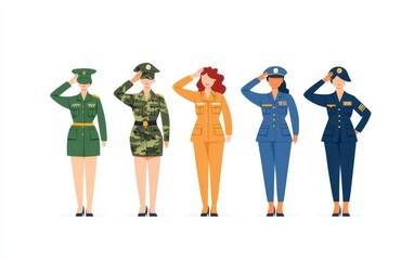 Obraz premium Illustration of women in various military uniforms saluting proudly.