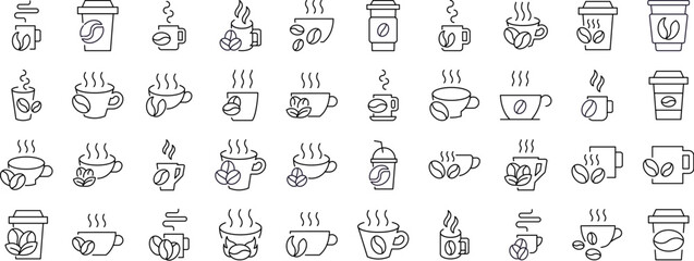 Coffee Beans with Mug Line Icon Collection. Outline Signs for Graphic and Web Design, Apps, Adverts, Various Cards