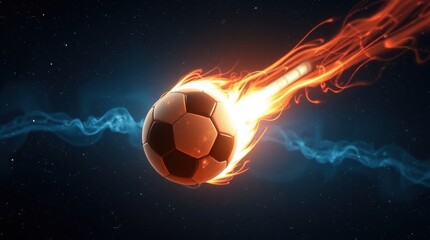 Naklejka premium Exciting moment of a blazing soccer ball shooting through a starry night sky during a thrilling match