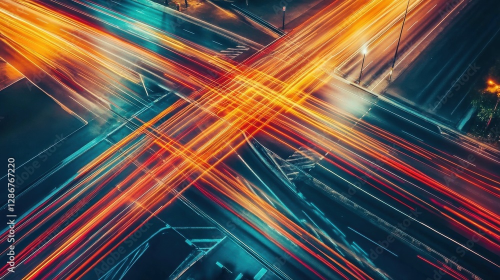 Poster high-speed traffic flow at night capturing dynamic light trails in urban intersection