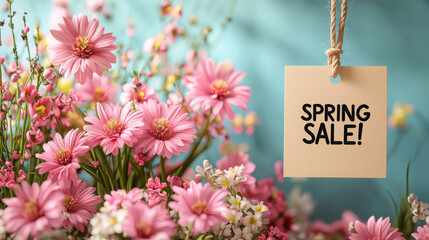 Sign hanging from a rope that says Spring Sale