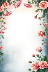 Beautiful floral border design featuring pink roses, soft hues, and delicate vines perfect for invitations or artwork