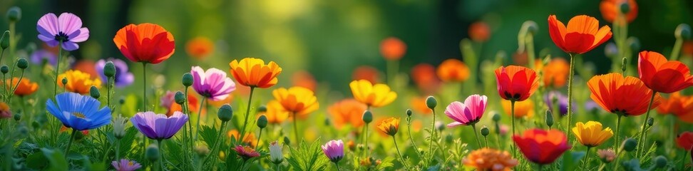 Obraz premium Colorful mix of cornflowers and poppies in a garden, nature, garden, landscape