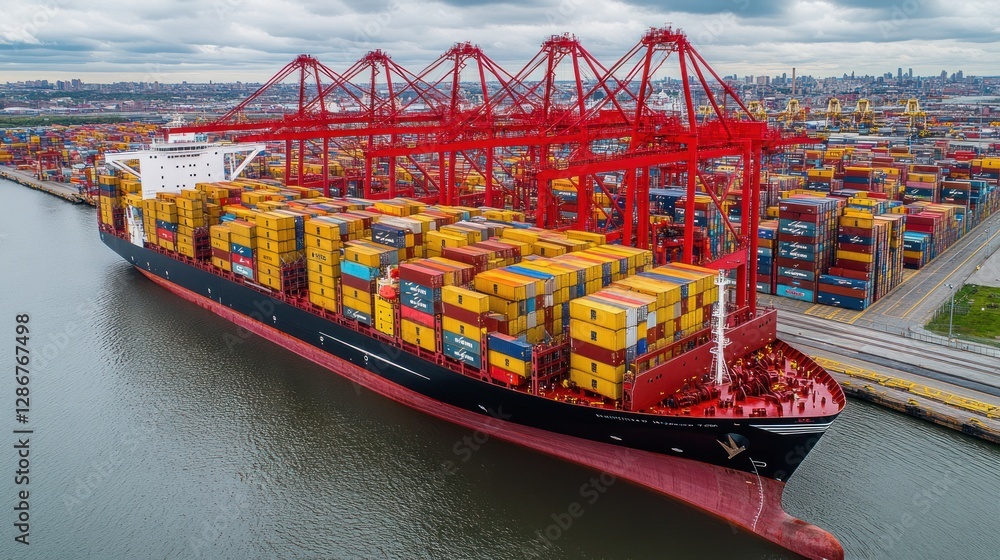 Poster cargo ship loaded with containers docking at busy port terminal