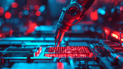 A robotic arm delicately handles a glowing red circuit board, set within a futuristic, high-tech environment with vibrant blue lighting.