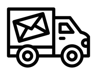 Mail delivery truck with envelope icon, black outline. Editable stroke.
