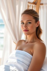 Naklejka premium Relaxing moment by the beach with sunlight highlighting serene beauty of a woman wrapped in a towel