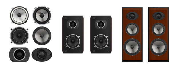 Fototapeta premium Sound speaker. 3D music box. Stereo system or audio loudspeaker for home theater. Boom loud acoustic. Disco electronic equipment. Woofer player. Vector isolated boombox elements set