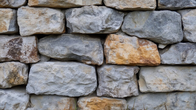 Revetment stone brick wall background design concept. Rustic cobblestone stone wall structure made from natural stones wallpaper 
