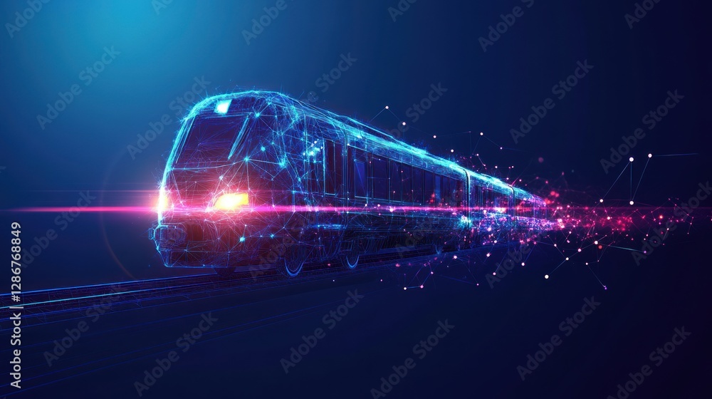 Poster digital train concept with glowing lines and abstract data particles