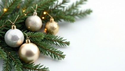 Twinkling silver and gold ornaments adorn a minimalist wooden garland with evergreen branches on a white background, silver, festive, simple