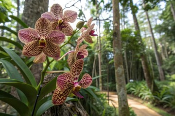 Unique and colorful Dendrobium orchid with striking leopard print patterns on its petals in a forest environment, rare orchids, exotic flowers, yellow and black colors, leopard print flowers