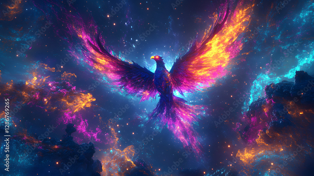 Poster bird in flight through colorful nebula and starry space background