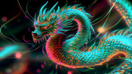 Colorful dragon illustration with black background and tulip flowers in vibrant colors and detailed design