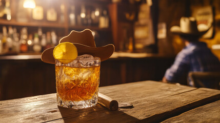 Western party cartoon banners, cowboy saloon building facade and interior with alcohol drinks stand on wooden old style table. Invitation to Wild west tavern, retro pub or bar Vector promotional