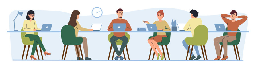 People work on computer. Laptop on desk, man team character or business employee person. Freelance worker. Employee men and women using gadgets. Cartoon flat style isolated vector design