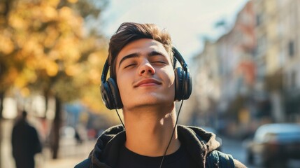 Young man enjoying music with headphones in urban setting during fall season. Student listening to music with headphones while commuting in the city during a sunny autumn day, Enjoy life concept.
