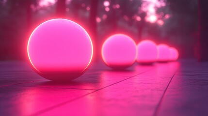 Glowing pink spheres are aligned on a wooden path