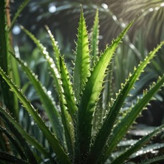 Wet aloe vera plant with sunlight peeking through the leaves, plant lighting, botanicals