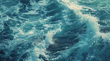 Obraz premium Close-up view of turbulent ocean water with foamy waves in deep blue hues