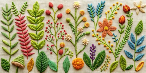 Whimsical hand-stitched designs featuring nature-inspired elements, wallpaper design, unique, nature inspired, botanical, folk art