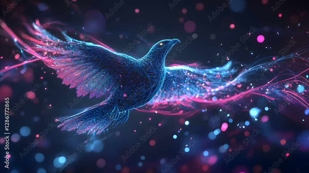 Poster bird in flight surrounded by string lights and colorful tulips in a vibrant outdoor setting