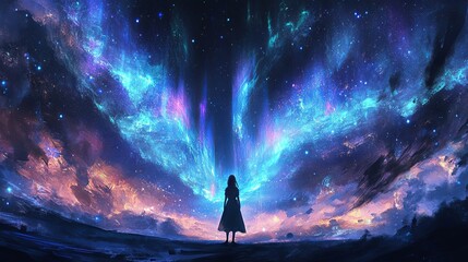 Fototapeta premium Girl standing under the Northern Lights
