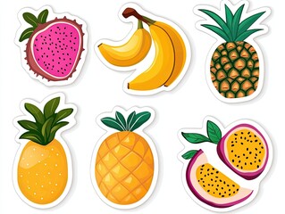 Colorful fruit stickers featuring various tropical fruits arranged artistically on a bright background