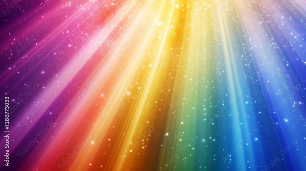 Poster light background with rays and rainbow spectrum flare on transparent layout. colorful beams fall fro