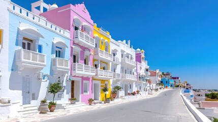 Fototapeta premium Row of colorful pastel Mediterranean houses with balconies along a paved street under a clear blue sky.