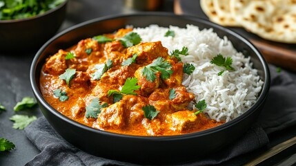 A visually stunning gourmet tikka masala, plated in geometric patterns with a balance of colors and textures on a matte black dish