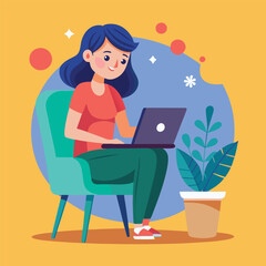 a girl is using his laptop vector