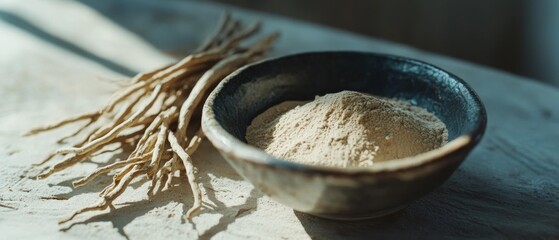 Fototapeta premium A rustic bowl of fine beige powder beside thin, woody roots on a sunlit wooden surface, evoking natural health and herbal remedies.