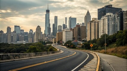 Fototapeta premium Wide shot of an asphalt road winding its way through the heart of a bustling city amidst towering skyscrapers, urban sprawl, asphalt road, city streets, skyscraper