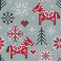 Horse folk in the winter forest jacquard knitted seamless pattern. Scandinavian style. Woodland background with cute animals. Vector illustration.