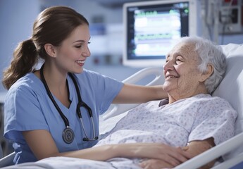 A nurse is comforting an elderly woman in a hospital bed. The nurse is wearing a blue scrubs and is holding the woman's hand