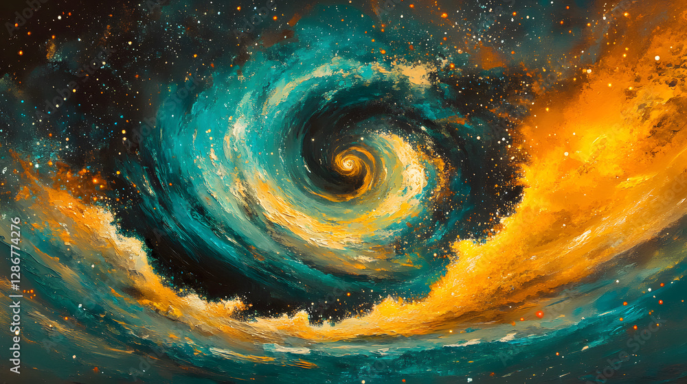 Poster painting of a spiral galaxy with vibrant colors and abstract design featuring swirling patterns and 