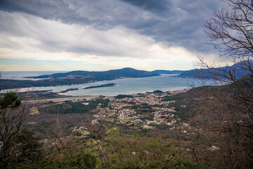 Panoramic view of Tivat from view point near Bay of Kotor in Montenegro in winter time