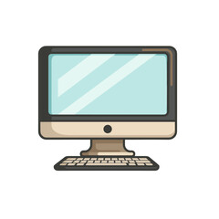 Fototapeta premium Cute flat design illustration of a desktop computer with a light blue screen and a keyboard for technology and design concepts