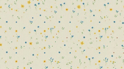 Seamless Pattern of Delicate Yellow and Blue Flowers on Beige Gingham Background