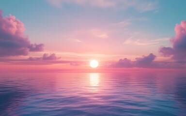 Obraz premium A tranquil sunset over calm waters, showcasing vibrant hues of pink, purple, and blue in the sky, reflecting beautifully on the ocean surface.