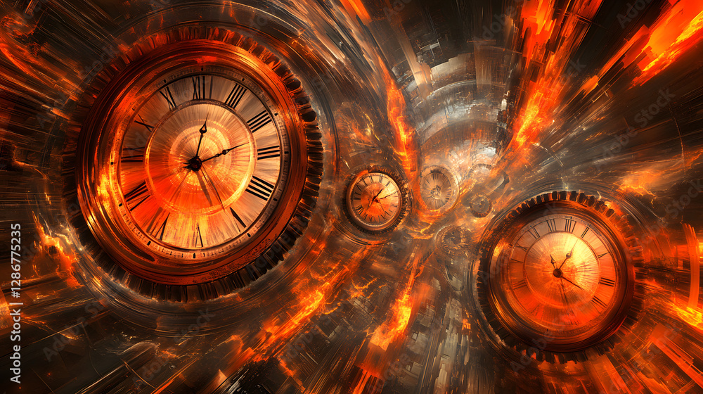 Poster clock with fire effect centered in abstract design surrounding tulips