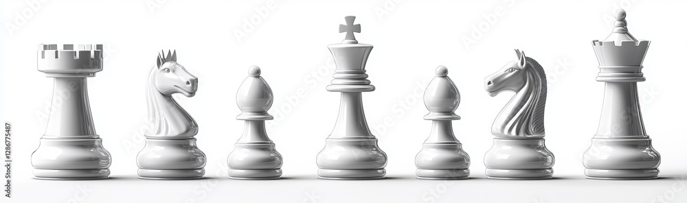 Poster a 3d rendering depicts six distinct black chess pieces arranged in a line