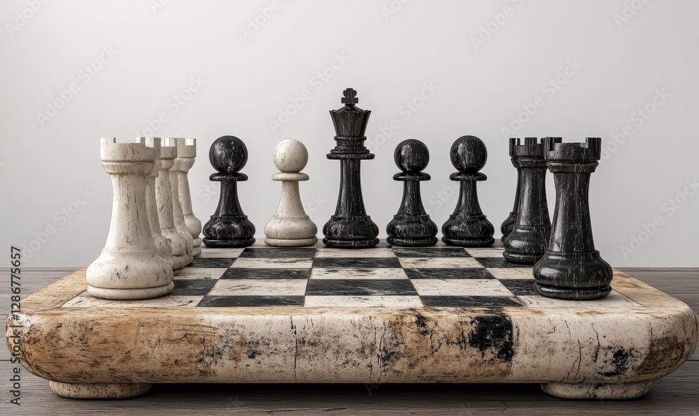 Poster a 3d rendering depicts a chessboard with all the pieces arranged in their initial positions