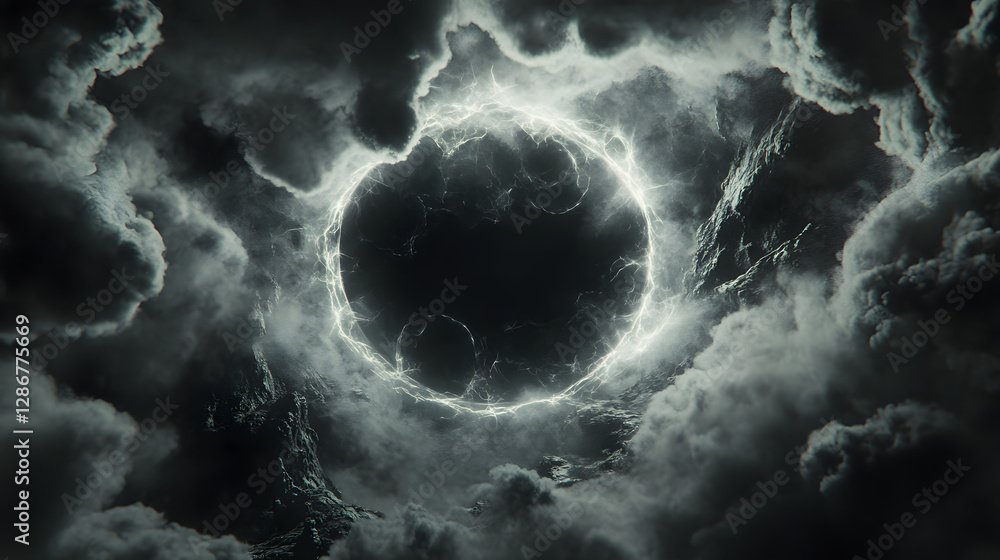 Aufkleber black and white abstract photo of a black hole in the clouds with surrounding textures and patterns