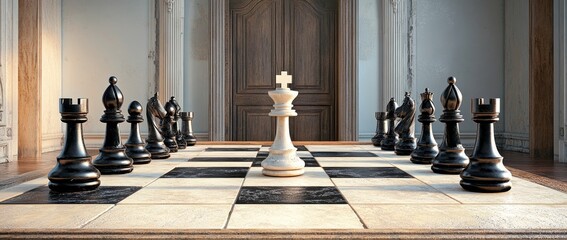 Isolated chess game on a white panoramic backdrop, embodying a symbolic concept banner for strategic confrontation, competitive spirit, or kick off
