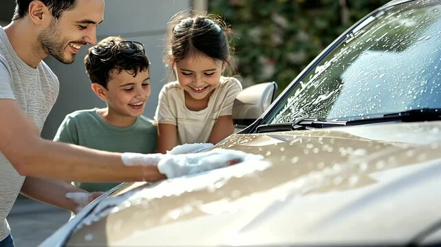 1_A family washing their car together in the driveway