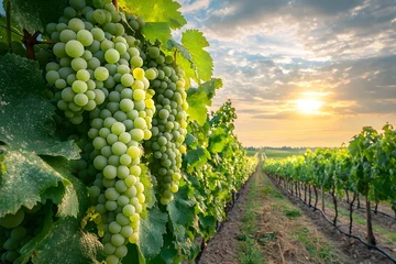 Papier peint photo Vignoble Lush Green Grapes Hanging on Vine at Sunset in Vineyard Wine Growing Agriculture  © Guy
